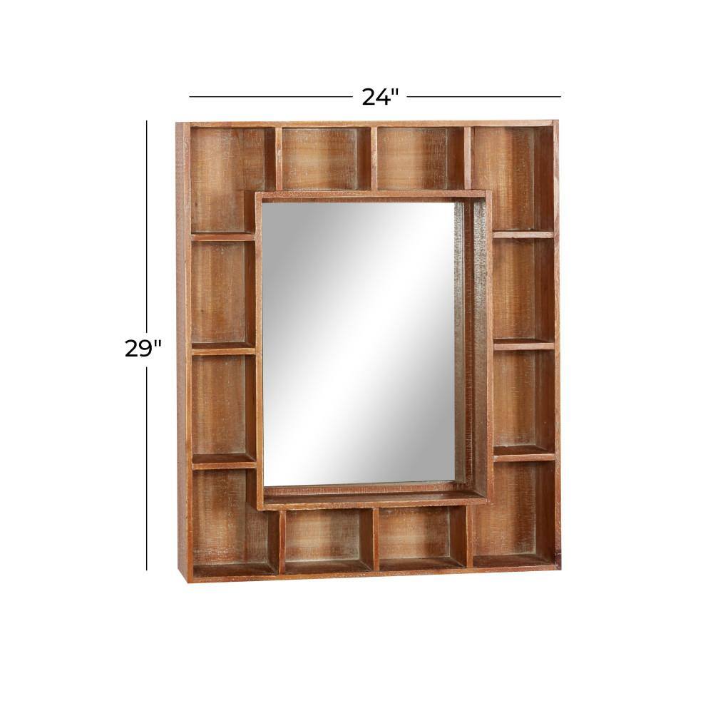 Elegant 24" Brown Wood Rectangular Wall Mirror with Storage Shelves