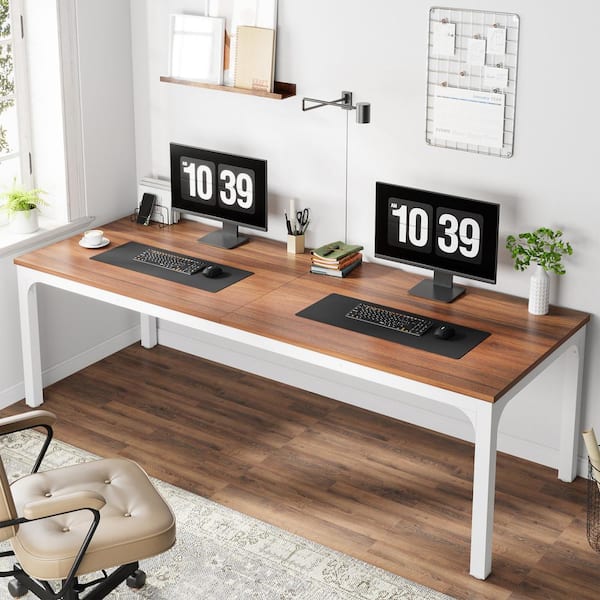 Moronia 78.7 in. Rectangular Walnut & White, Black Wood 2-Person Computer Desk with Adjustable Foot Pads for Home Office