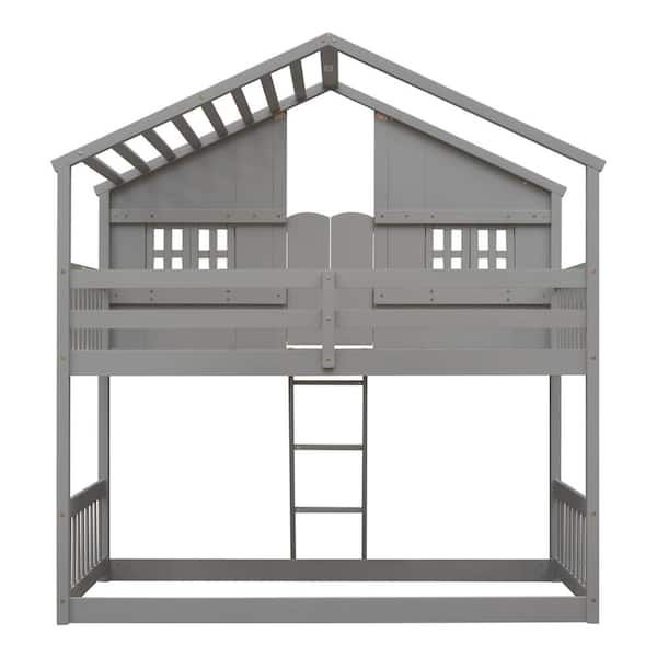 ANBAZAR Gray Twin over Twin House Bunk Bed with Window Storage Box 