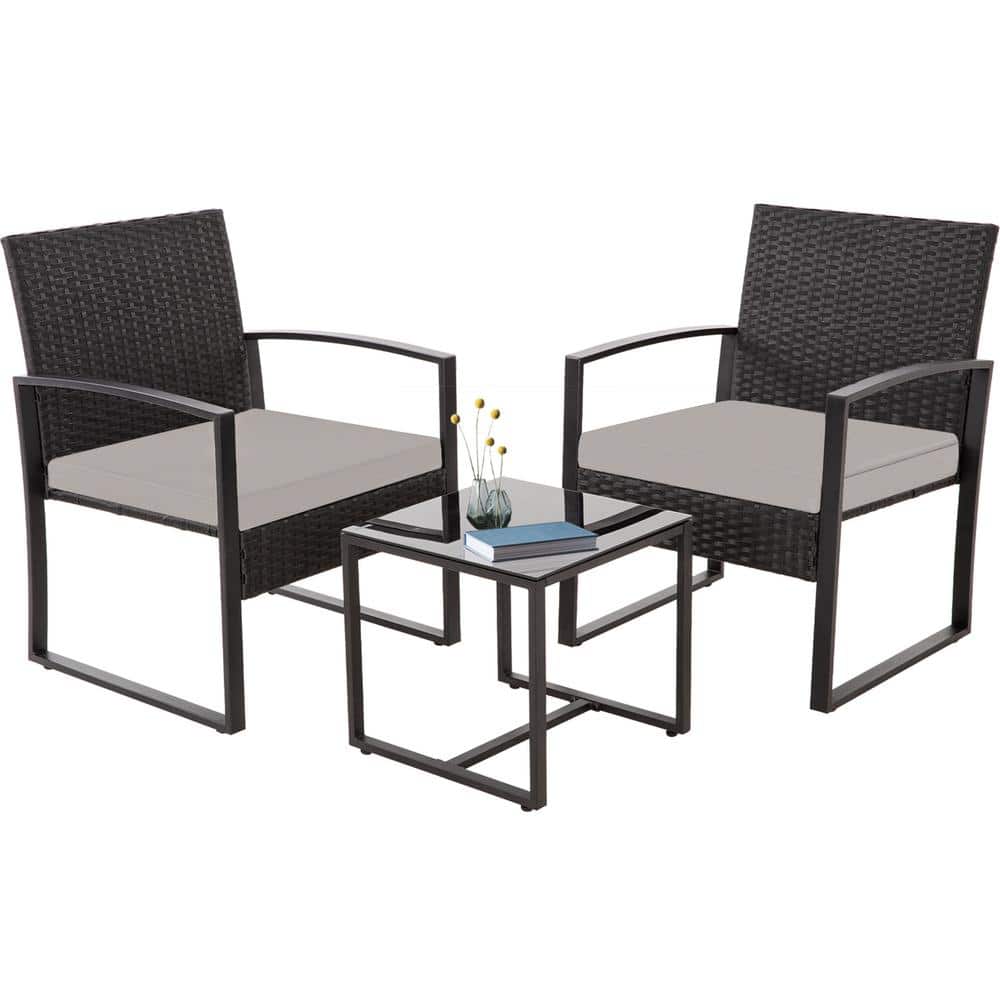 3 Piece Wicker Outdoor Bistro Set Patio Furniture Set with Gray Washable Cu