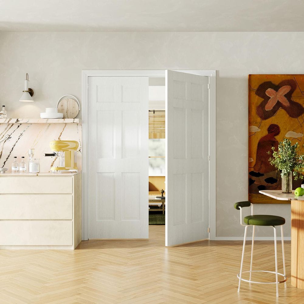 TENONER 56 in. x 80 in. 6 Panel White Primed Hollow Core MDF