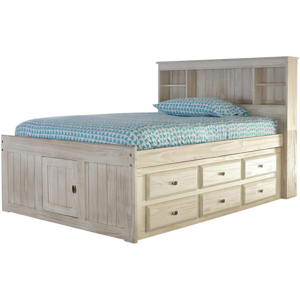 Light Ash Full Size Solid Pine Captain's Bed with Bookcase and Storage Drawers