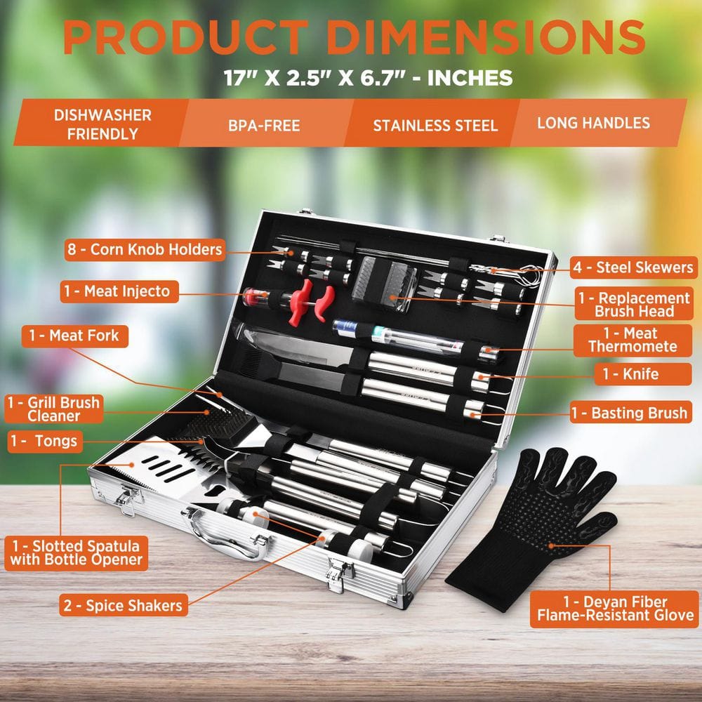 Commercial Chef 25-Piece Stainless Steel BBQ Grill Tool Set with Aluminum Case