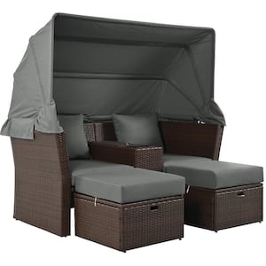 2-Seater Wicker Outdoor Patio Day Bed Loveseat Sofa Set with Foldable Awning and Gray Cushions