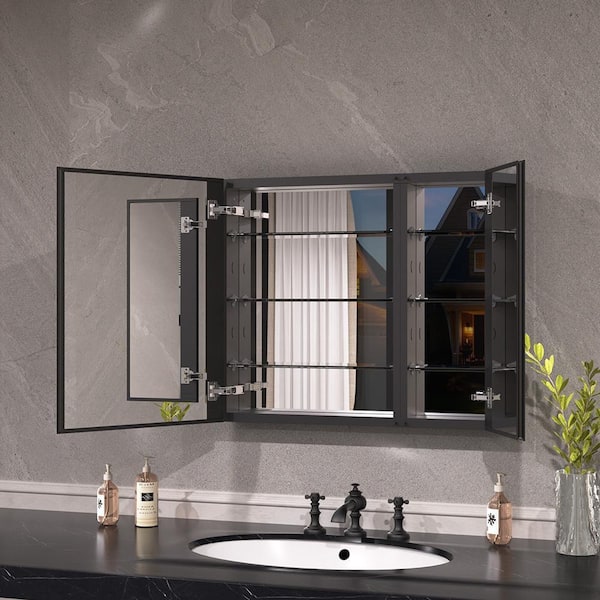 Keen 30 in. x 26 in. Framless Recessed or Surface-Mount Rectangular Aluminum Medicine Cabinet with Mirror in Matte Black