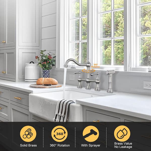 WOWOW Classic Double-Handle Bridge Kitchen Faucet with Side