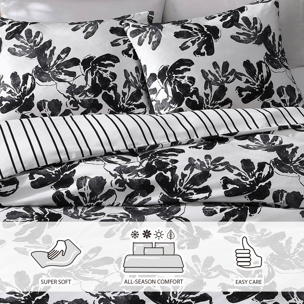 Black and White Floral Microfiber Full/Queen Duvet Cover Set