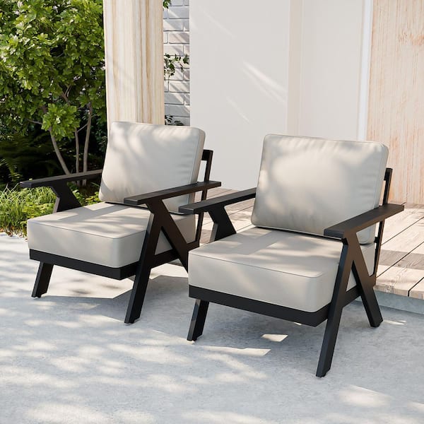 All-Weather Aluminum Garden Outdoor Patio Furniture Metal Lounge Chairs with Beige Cushions (Set of 2)