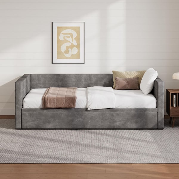 Regina Gray Chenille Fabric Upholstered Twin Size Extendable King Size Daybed with Trundle