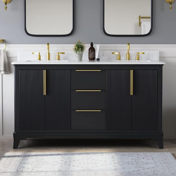 Rothen 61 in. Double Sink Freestanding Black Blue Bath Vanity with White Engineered Stone Top and Backsplash Assembled