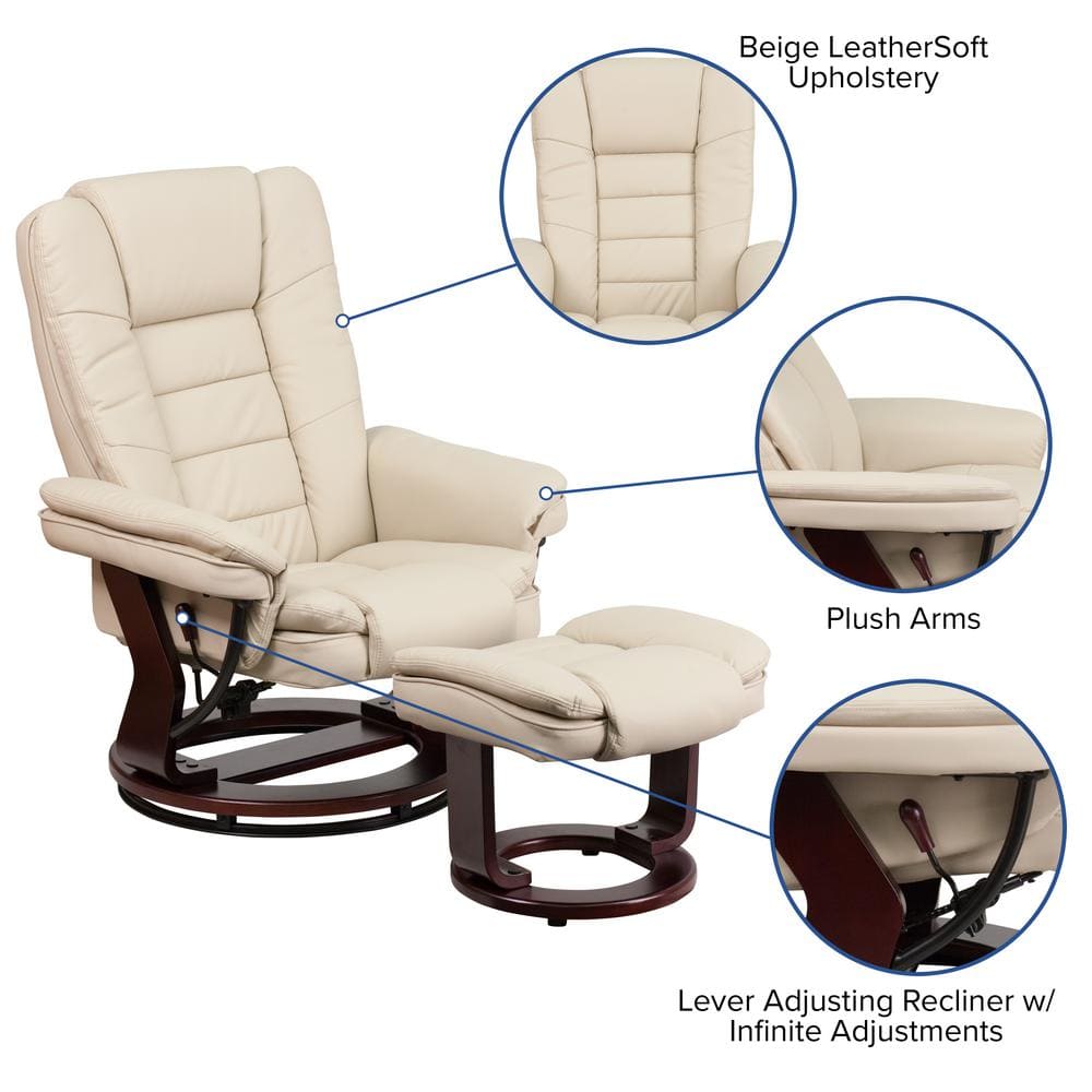 Beige Leather Swivel Recliner with Ottoman and Mahogany Wood Base