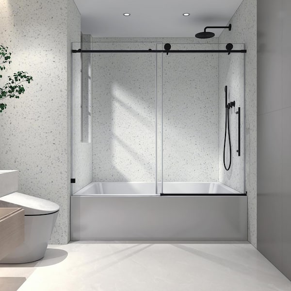 60 in. W x 63 in. H Single Sliding Tub Door in Matte Black with Clear Glass
