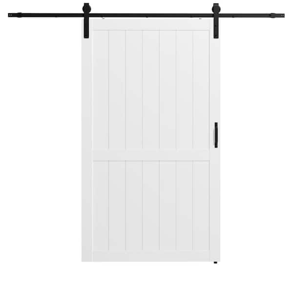 TENONER 48 in. x 84 in. H-Shape, MDF and PVC Covering, White, Finished, Barn Door Slab with Barn Door Hardware