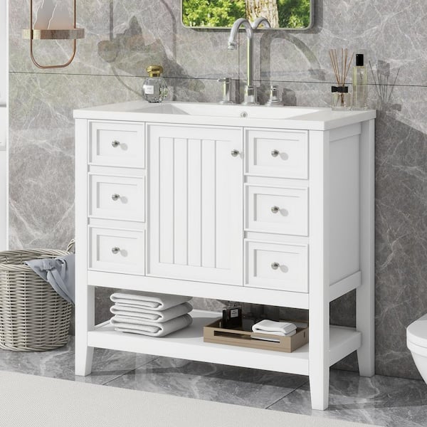 FAMYYT 36 in. W x 18 in. D x 34 in. H Single Sink Solid Wood Frame Bath Vanity in White with White Ceramic Top Adjustable Shelf