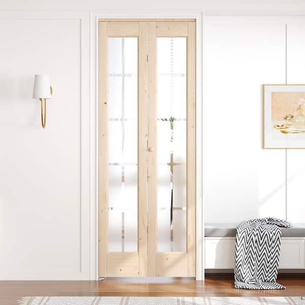 32 in. x 80 in. 3/4 Lite Frosted Glass Preassembled Solid Core Wood Spruce Bi-Fold Door with Hardware