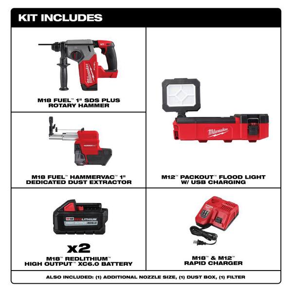 Milwaukee M12 12V Lithium-Ion Cordless PACKOUT Flood Light and M18 FUEL 1 in. SDS-Plus Rotary Hammer/Dust Extractor Kit