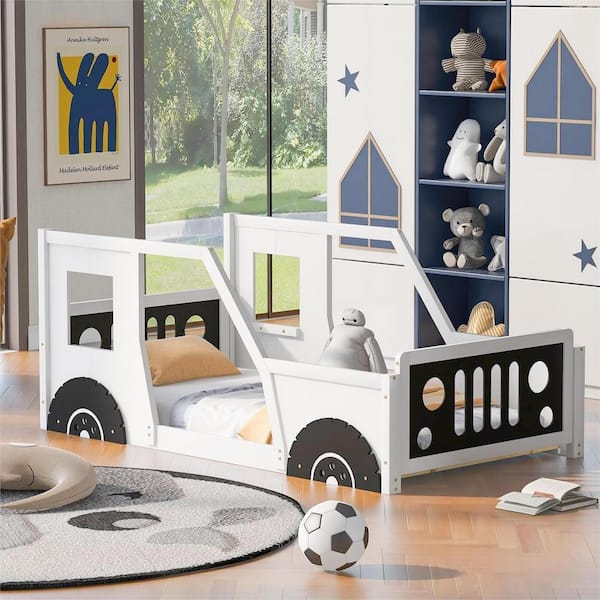 anpport White Twin Size Car-Shaped Platform Bed with Wheels ...