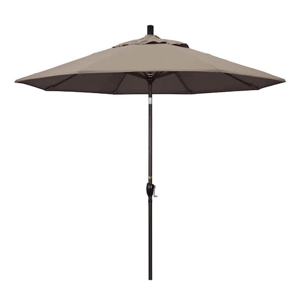 California Umbrella 9 ft. Bronze Aluminum Pole Market Aluminum Ribs Push Tilt Crank Lift Patio Umbrella in Taupe Sunbrella