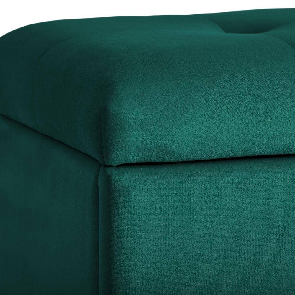 Close-up of green velvet upholstery on Asha Storage Ottoman
