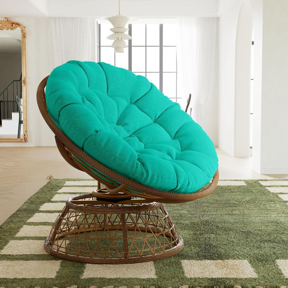Wicker Outdoor Lounge Chair Papasan Chair with Blue Cushion and