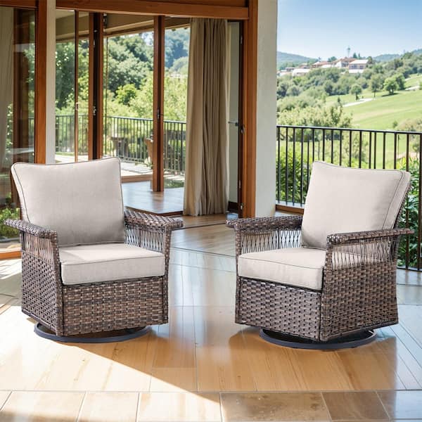 Pocassy Seagull Collection Swivel Wicker Outdoor Rocking Chair Furniture with Deep Seat and CushionGuard Beige Cushions