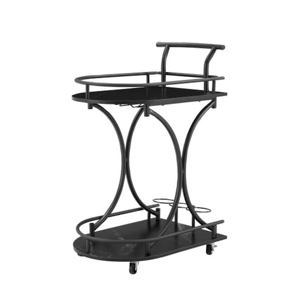Misopily 2-Tier Slide Bar Retro Style Patio Serving Cart with Wine Rack and Glass Holder in Black
