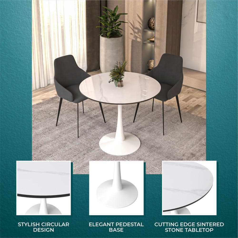 White Round Sintered Stone Dining Table with Steel Pedestal Base