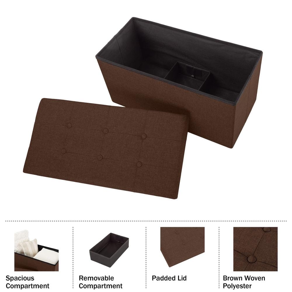 Brown Polyester Rectangular Storage Ottoman Set with Wood Frame