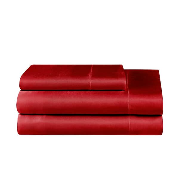 JUICY COUTURE Silky Satin 3-Piece Red Solid Color Microfiber Twin Deep Pocket Sheet Set
