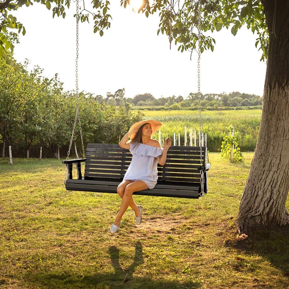 Karl 3-Person Black Wood Outdoor Swing Chair with Chains