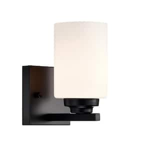 Aliana 4.25 in. 1-Light Matte Black Indoor Bathroom Vanity Light Wall Sconce with Etched White Glass Shade