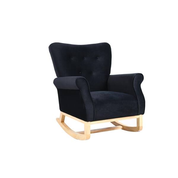 Sudzendf Black Modern Wood Outdoor Rocking Chair with High Back, Solid Wood Legs