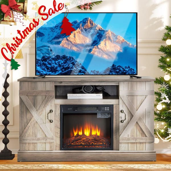 47 in. Freestanding TV Stand with 18 in. Electric Fireplace Insert for 50 in. TVs, Gray Farmhouse, Adjustable Shelves