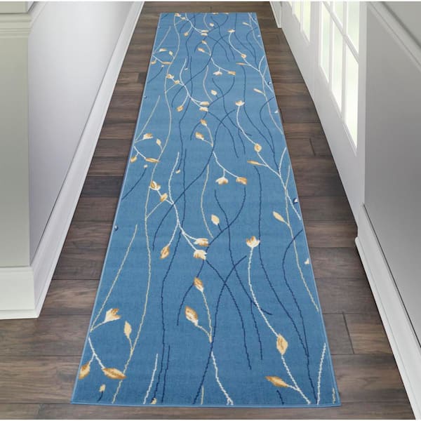 Grafix Light Blue 2 ft. x 12 ft. Floral Contemporary Kitchen Runner Area Rug
