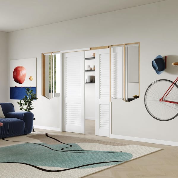 64 in. x 80 in. Pre-Assembled Louvered Panel, MDF, White Primed Pocket Door Frame with Hardware