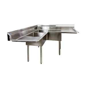 57 in. Freestanding Stainless Steel Commercial NSF 3 Compartments Sink EC3T1818LRC with Drainboard 18-Gauge