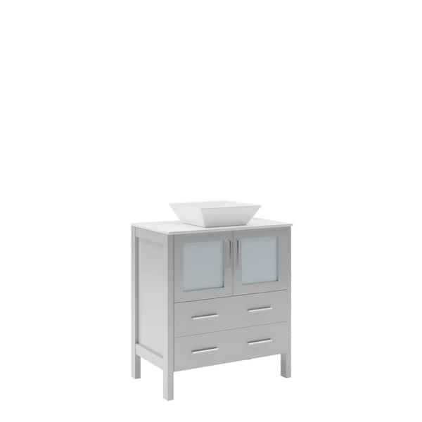 Torino 30 in. Bath Vanity in Gray with Glass Stone Vanity Top in White with White Vessel Sink