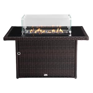 Hudson 44 in. x 32 in. Rectangular Outdoor Brown Wicker Aluminum Propane Fire Pit Table in Tempered Glass w/Fire Glass