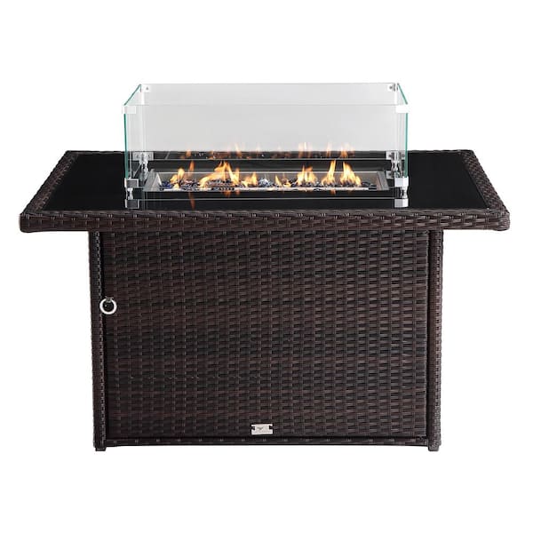 Oakville Furniture Hudson 44x32" Outdoor Rectangular Brown Wicker Aluminum Gas Propane Fire Pit Table in Tempered Glass w/Fire Glass