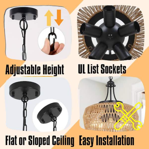 5-Light Rattan Boho Chandelier Pendant with Wicker Lampshade for Kitchen Island Bedroom Living Room Brown Plus Black