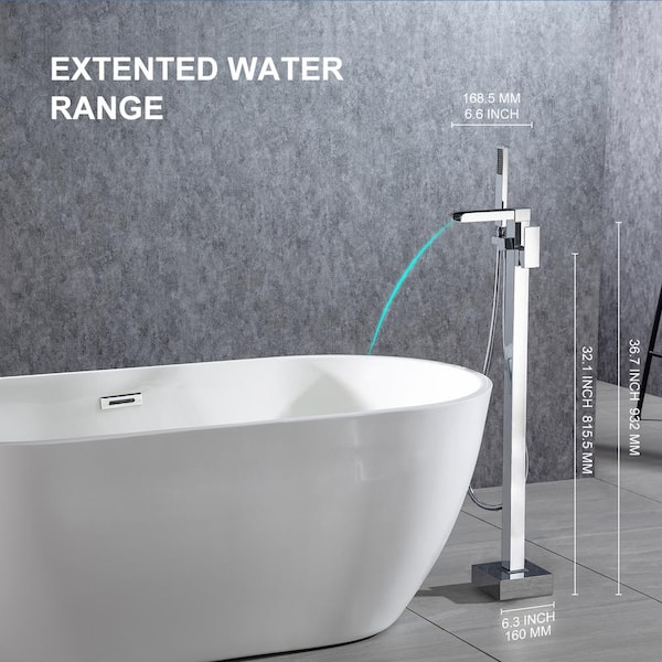 Single-Handle Floor Mount Freestanding Tub Faucet with Waterfall Spout and Handheld Shower in Chrome
