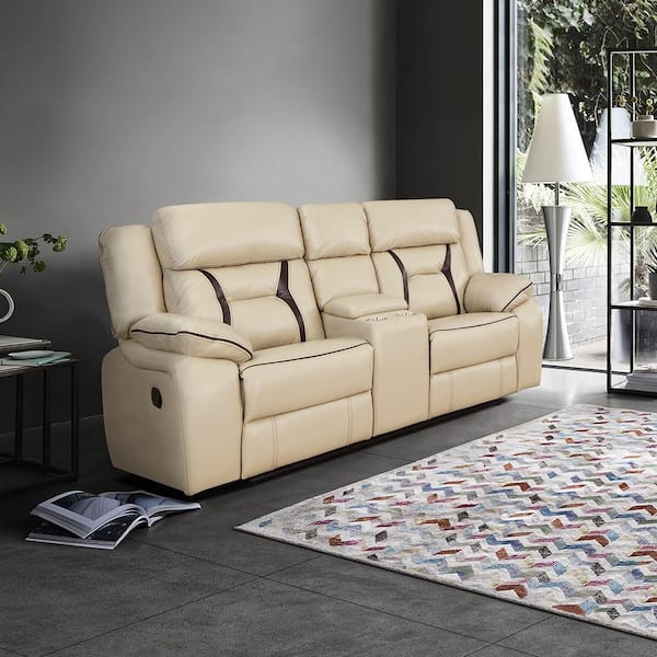 Lazzara Belmont 76 in. W Beige Faux Leather Manual Double Reclining Loveseat with Center Console