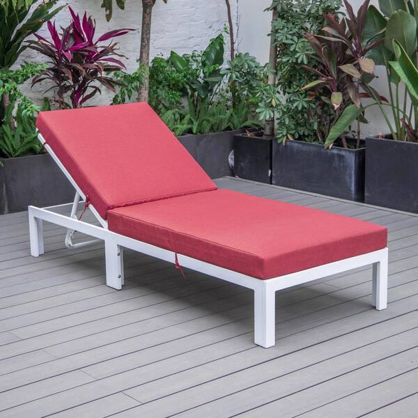Leisuremod Chelsea Modern White Aluminum Outdoor Patio Chaise Lounge Chair with Red Cushions