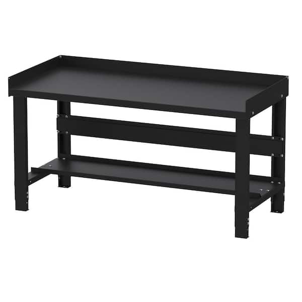 Borroughs 28 in. x 60 in. Adjustable Height Work Bench with Painted Black Top and Bottom Shelf, Built-in Back and Side Guards
