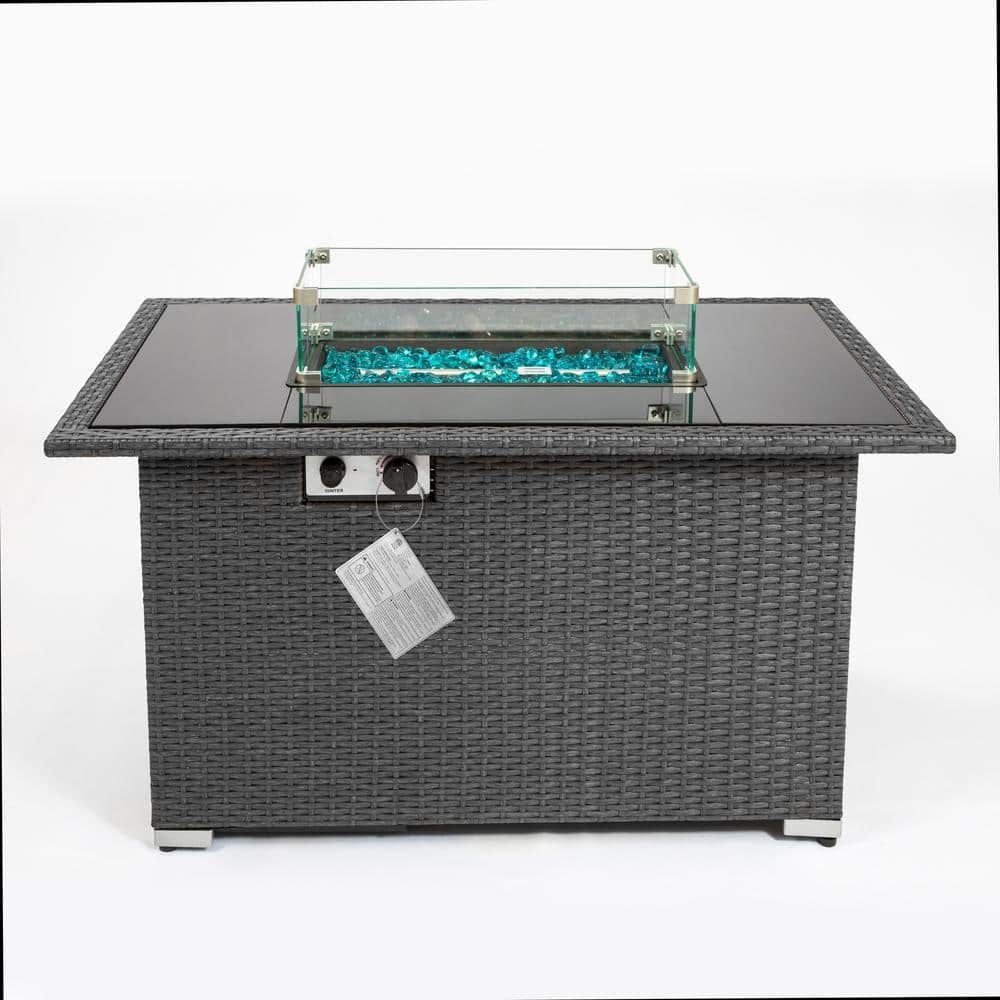 50,000 BTU Rectangle Wicker Outdoor Propane Fire Pit Table with Wind Guard
