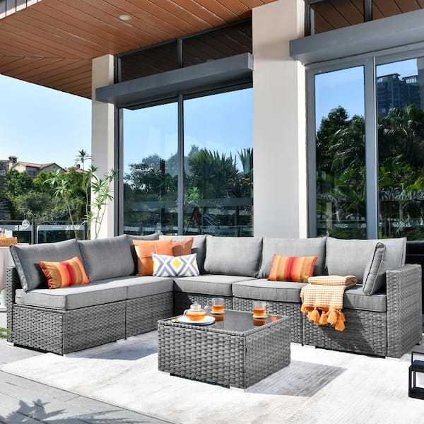 OVIOS HOPPISH Gray 7-Piece Wicker Patio Conversation Set with Dark Gray Cushions