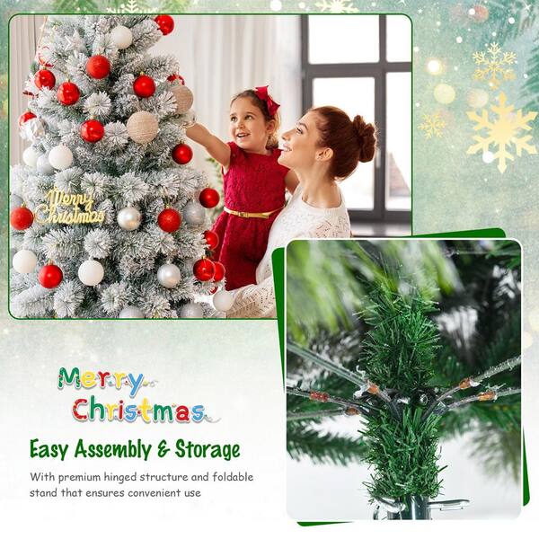 Gymax 7.5 ft. Pre-lit Snow Flocked Artificial Christmas Tree with ...