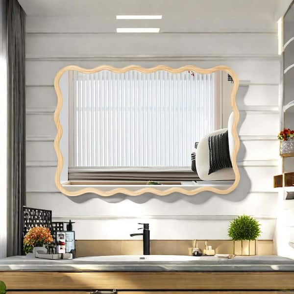WELLFOR 40 in. W x 28 in. H Rectangular Art Solid Wood Framed Wall Bathroom Vanity Mirror in Black