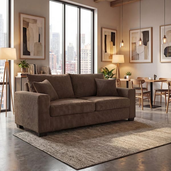 Mid-Century Modern 69 in. Fabric Square Arm Rectangle Sofa in Brown, Coffee