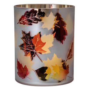 6 in. Matte White and Gold Autumn Leaves Flameless Glass Candle Holder